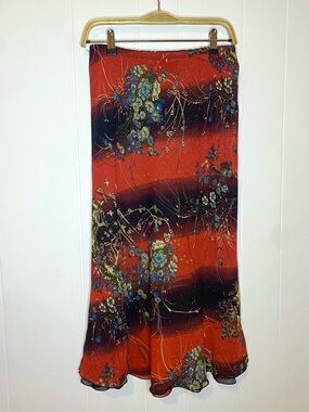 Red Floral Midi Skirt with Black Ombre Details